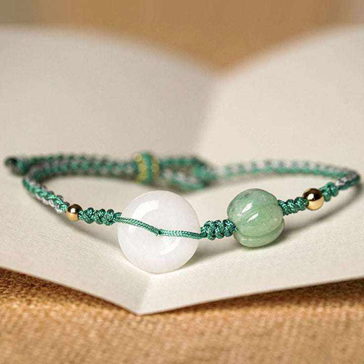Pulsera trenzada de bendición de la suerte con cuentas de calabaza y hebilla de la paz de jade blanco con Buddha Stones