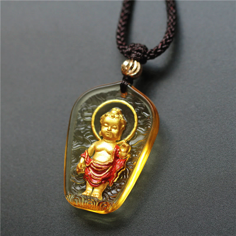 Collar con colgante de serenidad de cristal Liuli de Buda tibetano con Buddha Stones - Buda Kasaya amarillo - image 1