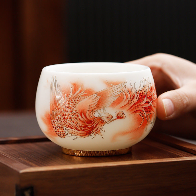 Taza de té de cerámica de porcelana blanca Fénix con Buddha Stones, taza de té de Kung Fu