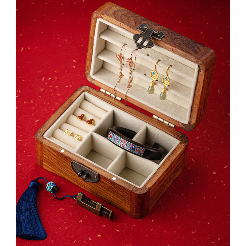 Caja de almacenamiento de joyería de palisandro con estampado floral hecha a mano retro, caja organizadora de regalo de madera con cerradura