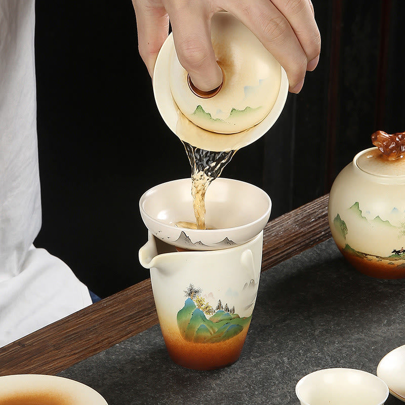 Taza de té y platillo con tapa, cerámica Gaiwan Sancai, paisaje de montaña, Buddha Stones, Kung Fu
