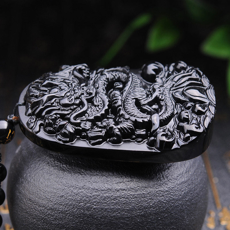 Collar con colgante de cumplimiento de dragón de piedra de obsidiana negra de Buddha Stones - image 4
