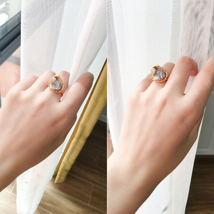 Anillo de riqueza de felicidad de flor de oro chapado en cobre y Buddha Stones
