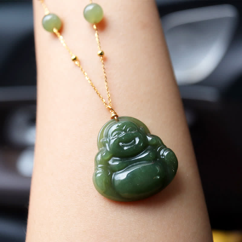 Colgante de cadena de cuentas con collar de la suerte de jade hetiano de Buda sonriente - Jade (Prosperidad ♥ Abundancia) - image 1