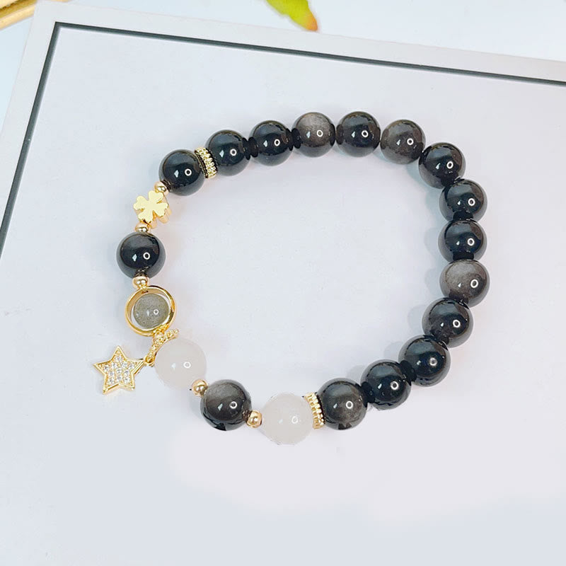 Pulsera de protección de flor de estrella de corazón de amor de obsidiana con brillo de plata natural de Buddha Stones