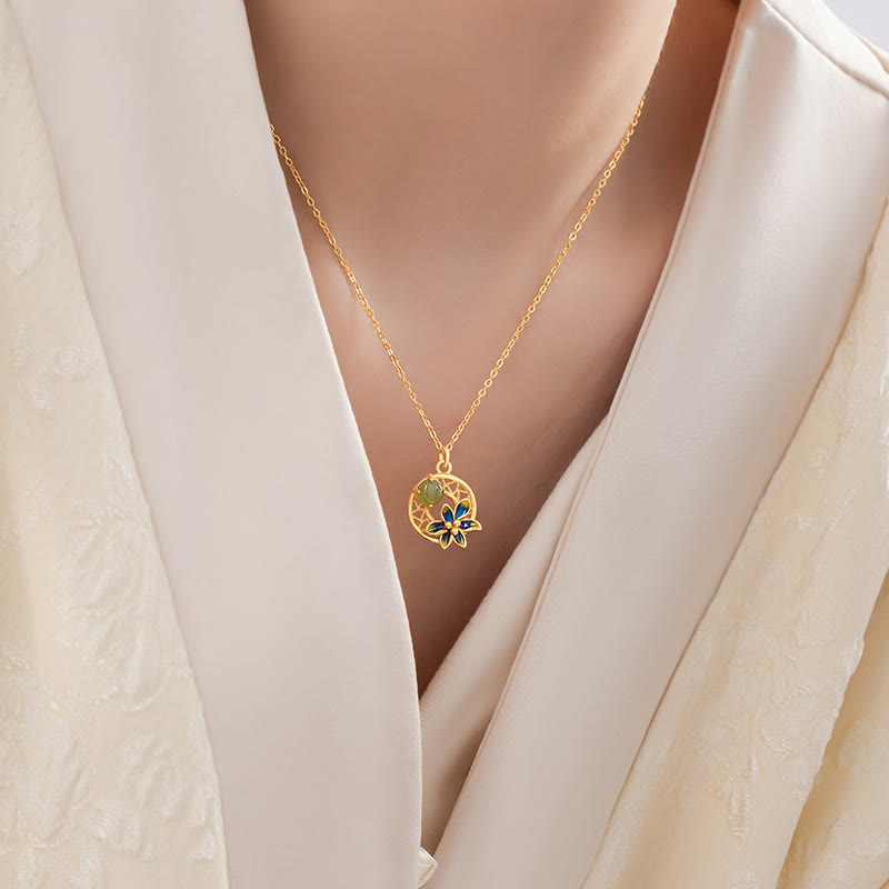 Juego de pendientes y anillo con colgante de flor de Jade cian hetiano Natural de plata de ley 925 con Buddha Stones
