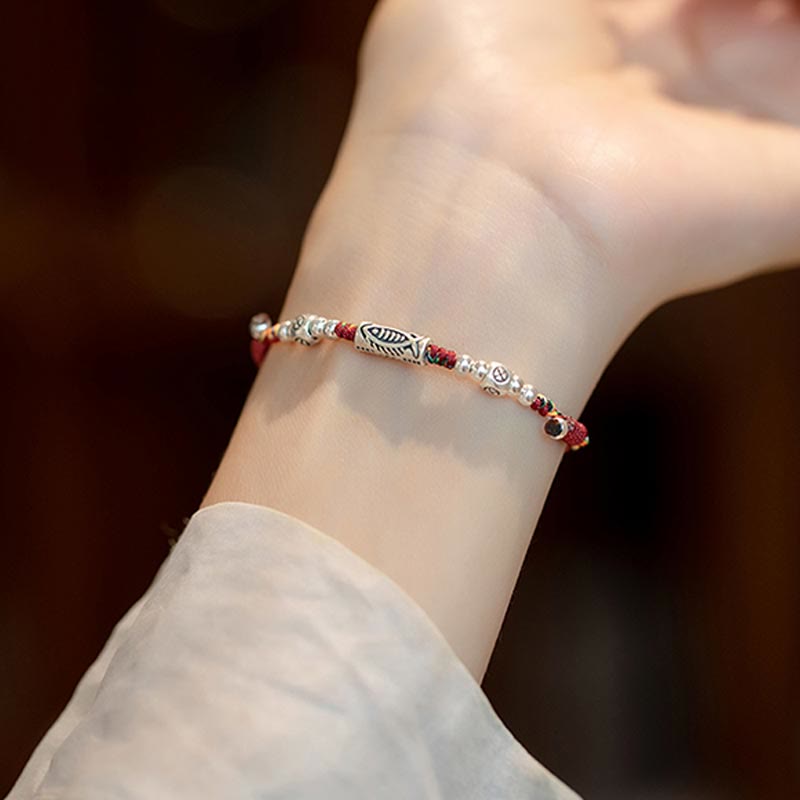 Pulsera tobillera de hilo colorido trenzado con pez Koi de la suerte de plata de ley 925 con Buddha Stones