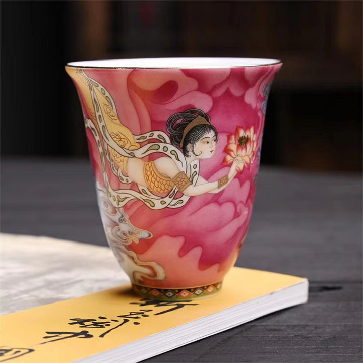 Taza de té de Kung Fu con Buddha Stones, Color Dunhuang, Apsaras voladoras