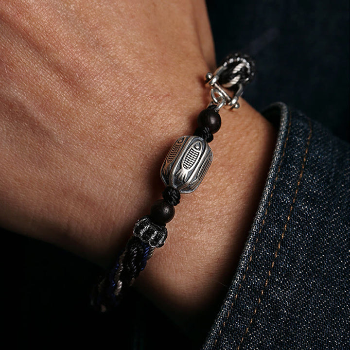 Pulsera de hilo trenzado con nudo de reencarnación de riqueza de peces Koi de plata de ley 925 con Buddha Stones