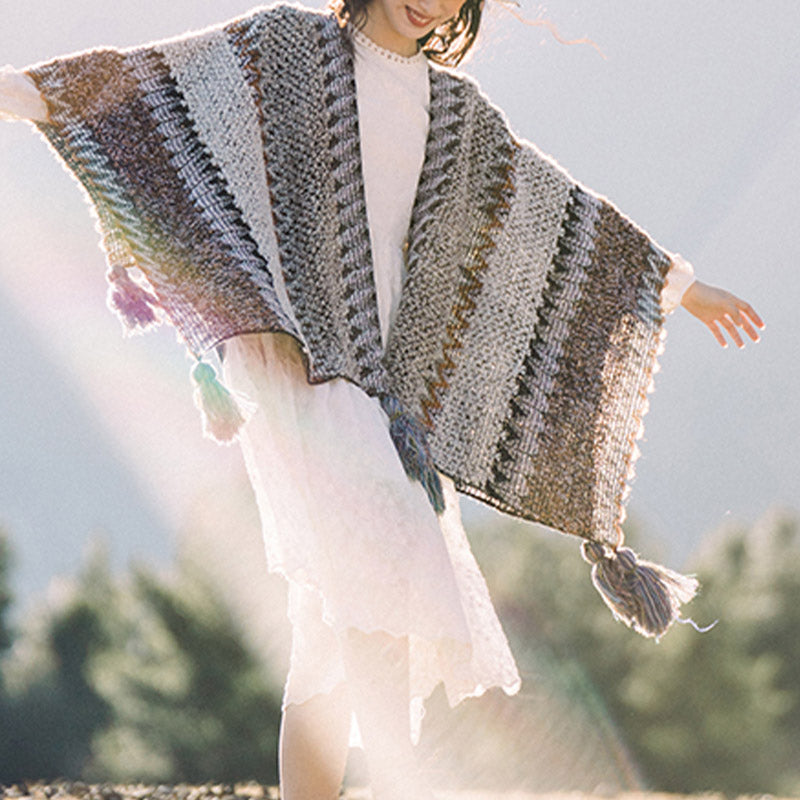 Mantón tibetano de piedras de Buddha Stones, bufanda de viaje acogedora para invierno con borlas de punto a rayas grises y marrones