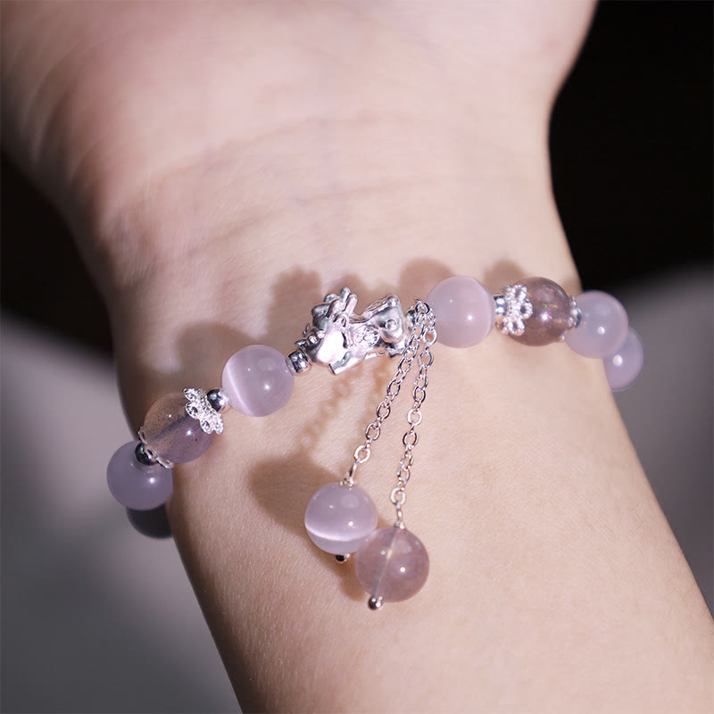 Pulsera de soporte PiXiu de cuarzo fresa, piedra lunar, ojo de gato natural, Buddha Stones