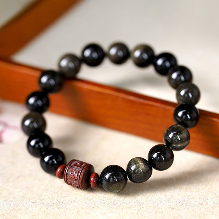 Pulsera curativa con carácter de obsidiana arcoíris de obsidiana con brillo de oro natural con Buddha Stones Om Mani Padme Hum Fu