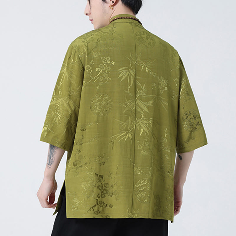 Camiseta china de media manga con botones de rana y hojas de bambú, flor de melocotón, Buddha Stones , camiseta para hombre