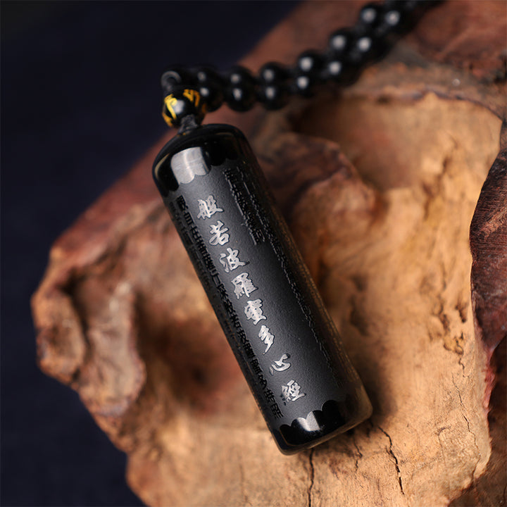 Colgante de collar de purificación de Sutra de corazón de obsidiana negra Natural con Buddha Stones