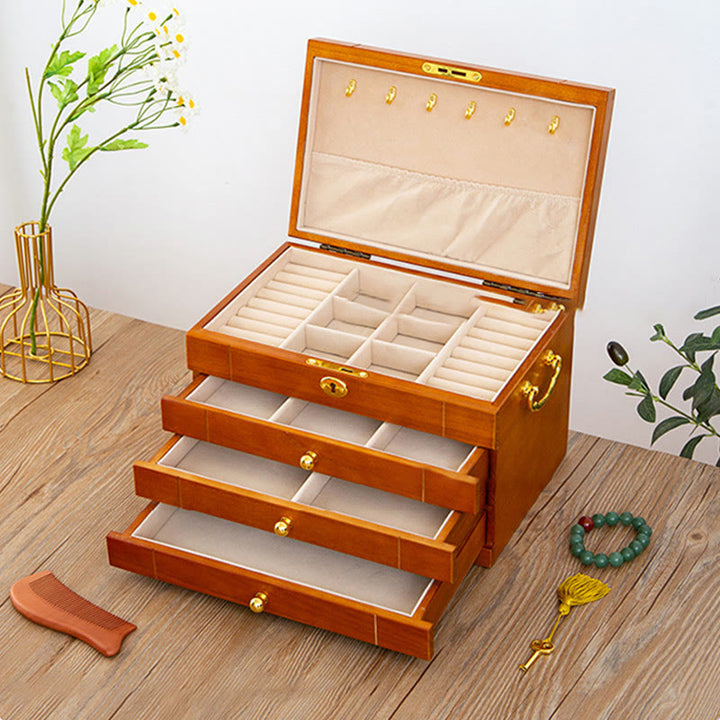 Caja de joyería de madera maciza retro con Buddha Stones, caja de almacenamiento de joyería de madera de cuatro capas