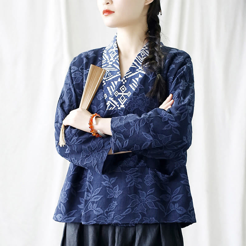 Chaqueta de manga larga con cuello en V y jacquard floral con Buddha Stones