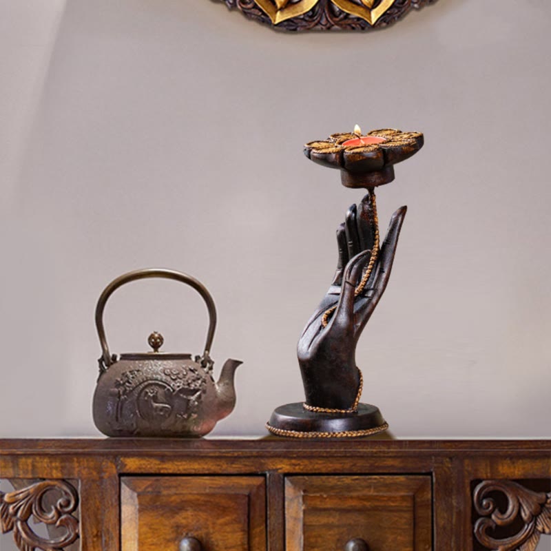 Candelabro de madera con diseño de mano de Buddha Stones , decoración para el hogar