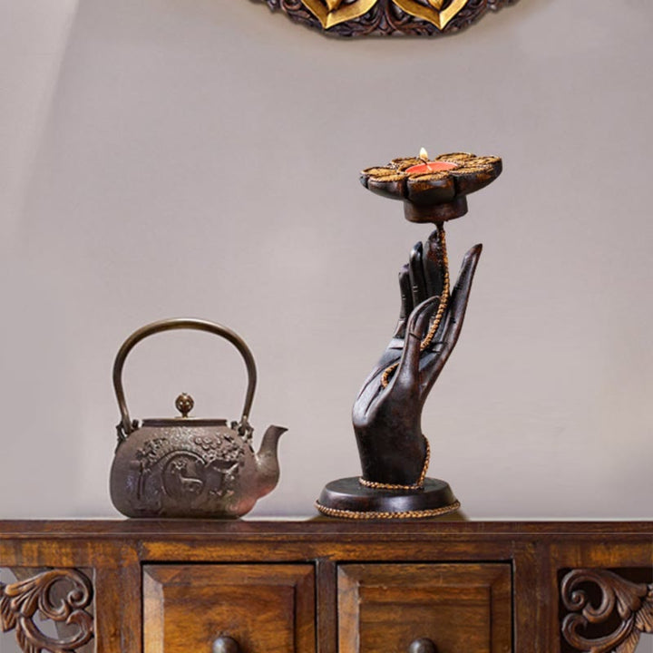Candelabro de madera con diseño de mano de Buddha Stones , decoración para el hogar
