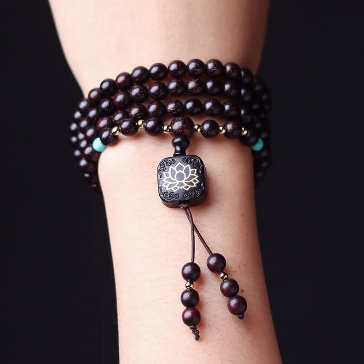 Buddha Stones 108 cuentas Mala tibetanas hoja pequeña sándalo rojo pulsera de equilibrio de loto