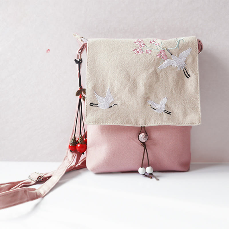 Bolso bandolera de lona con flores de ciruelo bordadas hechas a mano con Buddha Stones