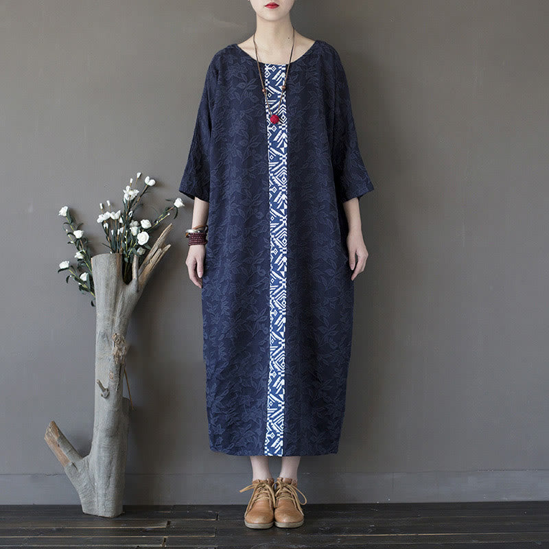 Vestido midi de jacquard con bordado de flores azules y Buddha Stones Vestido de algodón con manga tres cuartos y bolsillos