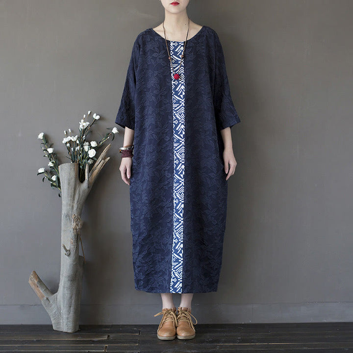 Vestido midi de jacquard con bordado de flores azules y Buddha Stones Vestido de algodón con manga tres cuartos y bolsillos