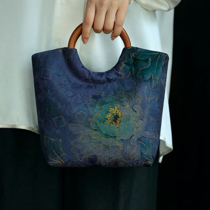 Bolso de mano con mango de madera maciza, Buddha Stones , flor de peonía, hojas de bambú, pájaro