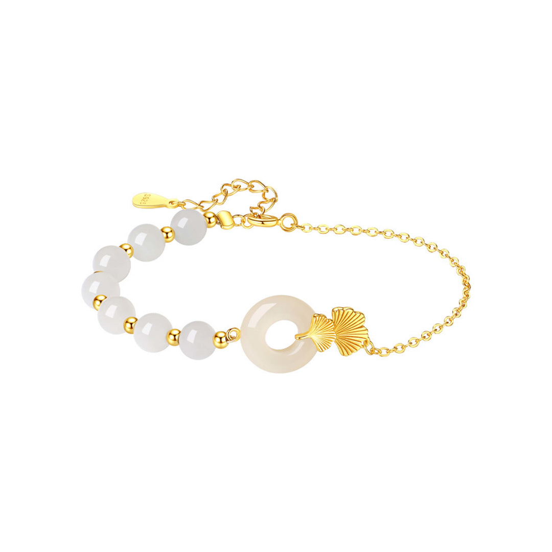 Pulsera de la suerte con Buddha Stones, plata de ley 925, jade blanco hetiano, hebilla de la paz, hoja de Ginkgo