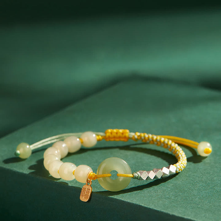 Pulsera de plata de ley 925 con hebilla de paz y jade hetiano con cuentas de suerte y felicidad