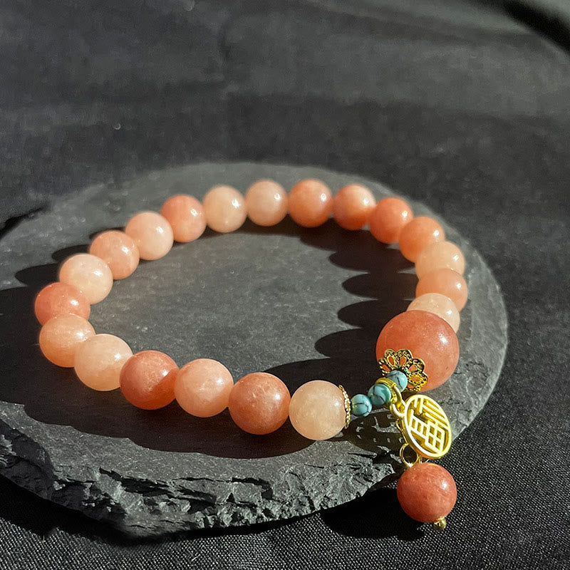 Pulsera de la fortuna con Buddha Stones, piedra naranja natural, turquesa, carácter Fu