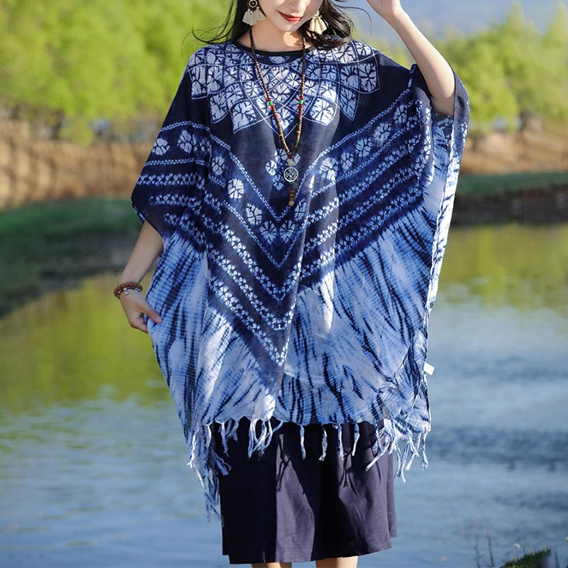 Buddha Stones azul rayas floral índigo teñido chal borlas acogedor jersey 90*95 cm
