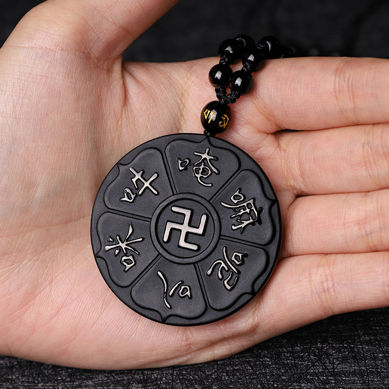Buddha Stones, obsidiana negra Natural, Om Mani Padme Hum tibetano, colgante de collar de la suerte de la esvástica de Buda