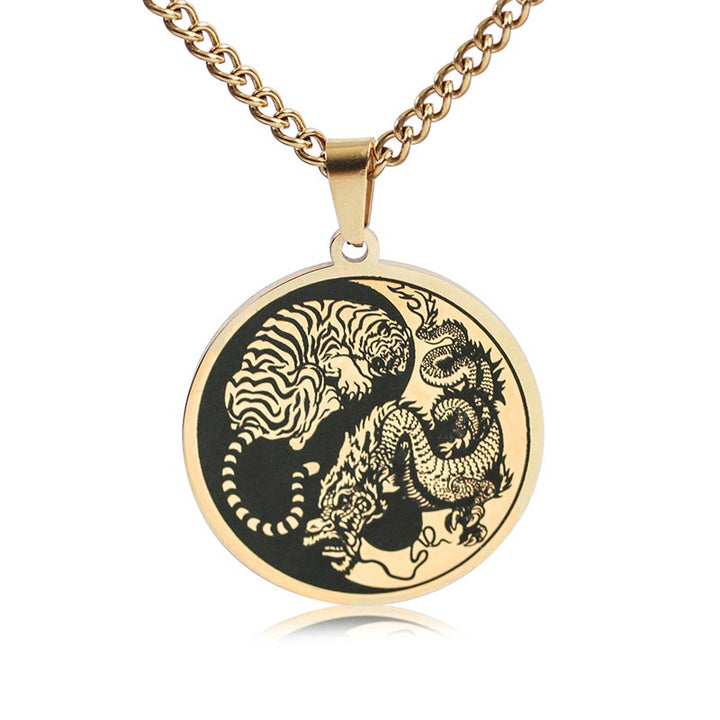 Collar de cadena de acero de titanio con dragón tigre y Buddha Stones, colgante de armonía