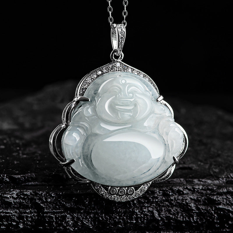 Collar con colgante de plata de ley 925 con Buddha Stones , diseño de Buda sonriente, jade natural - image 5