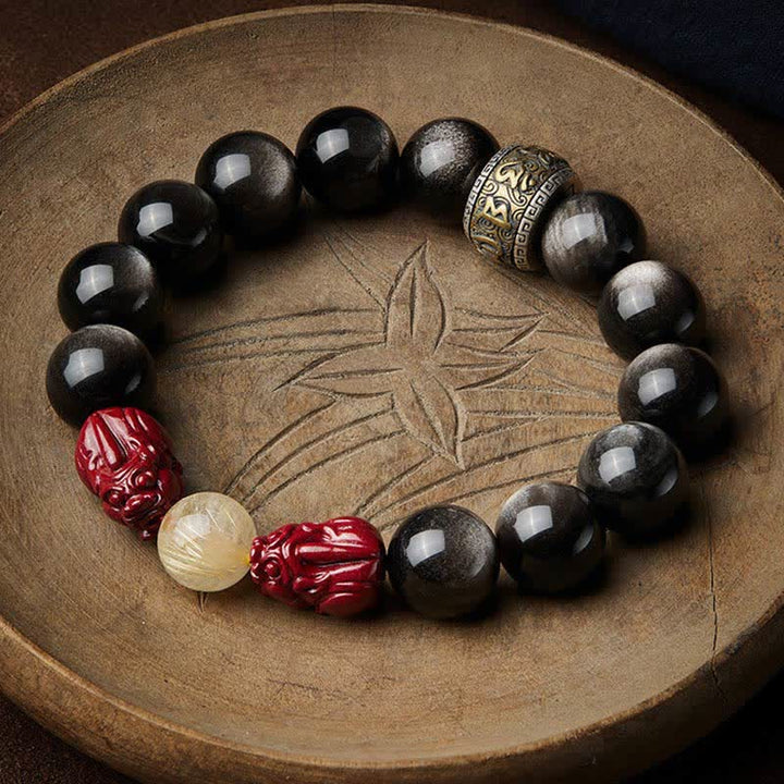 Pulsera de protección Om Mani Padme Hum de cinabrio PiXiu de obsidiana con brillo dorado de Buddha Stones