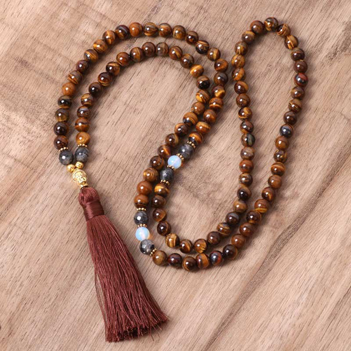 Collar con colgante de borla con cuentas de poder de fuerza de Buda de ojo de tigre tibetano con Buddha Stones
