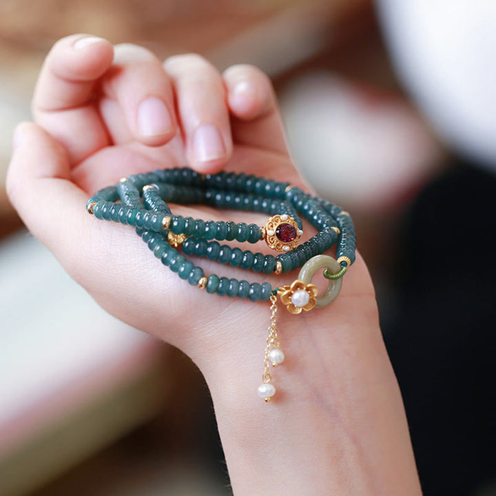 Pulsera de triple vuelta con hebilla de paz y flor de jade cian chapada en oro de plata de ley 925 con Buddha Stones