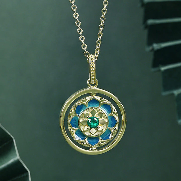 Colgante de collar giratorio con iluminación de circonita floral con flor de loto de Plata de Ley 925 con Buddha Stones - image 2