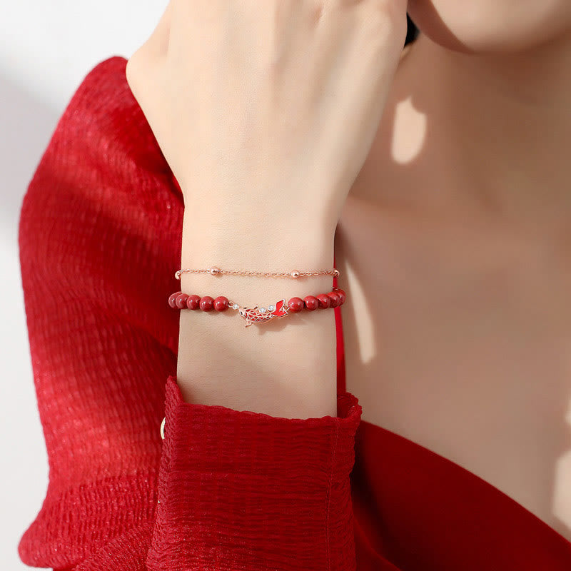 Pulsera de cadena de doble capa con Buddha Stones, Plata de Ley 925, pez Koi de la suerte, circón cinabrio, prosperidad