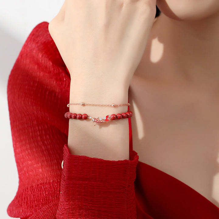 Pulsera de cadena de doble capa con Buddha Stones, Plata de Ley 925, pez Koi de la suerte, circón cinabrio, prosperidad