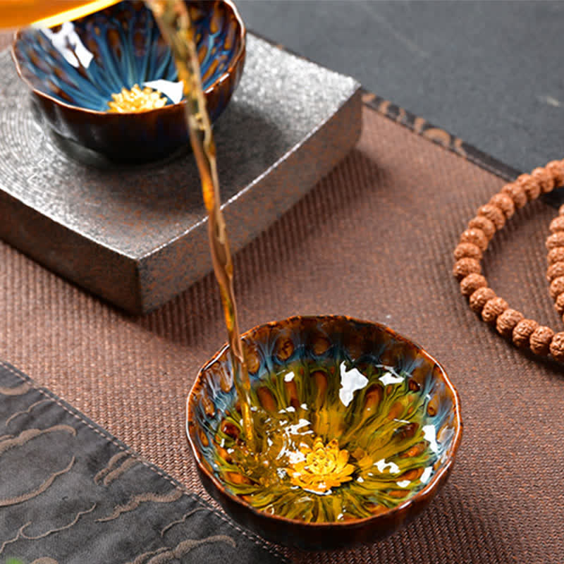 Tazas de té de cerámica con incrustaciones de Buddha Stones , loto, pavo real, dragón, fénix, pez koi, 120 ml
