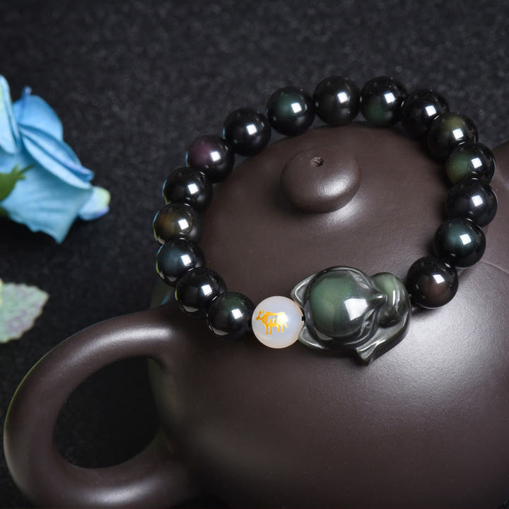 Buddha Stones Natural Arco Iris Obsidiana Oro Brillo Obsidiana Plata Brillo Obsidiana Zorro Curación Pulsera