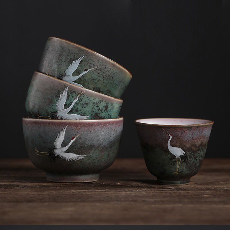 Taza de té de cerámica con grulla auspiciosa de Buddha Stones , tazón de taza de té de Kung Fu