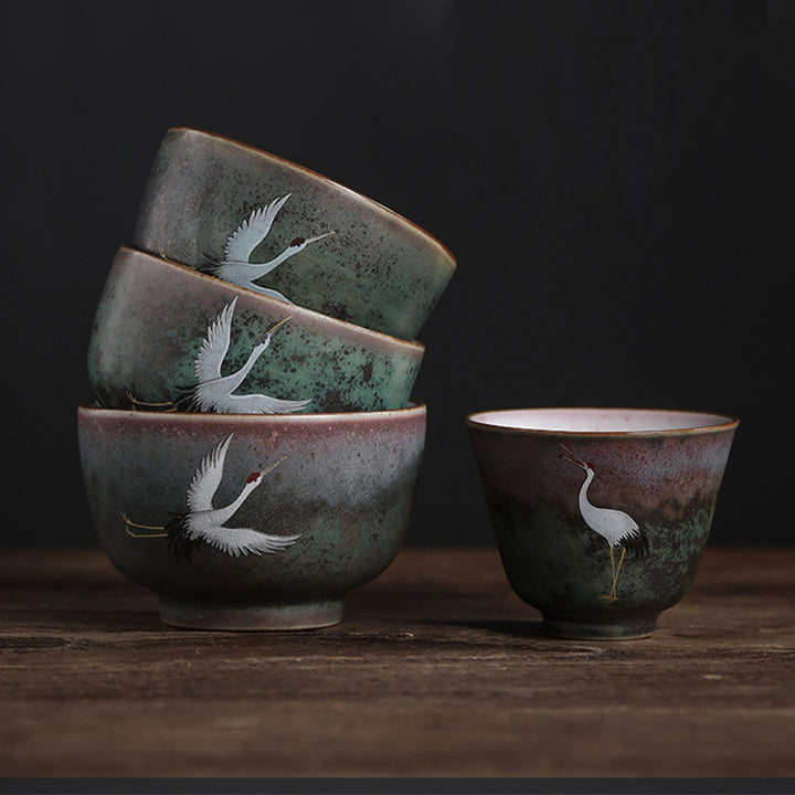 Taza de té de cerámica con grulla auspiciosa de Buddha Stones , tazón de taza de té de Kung Fu
