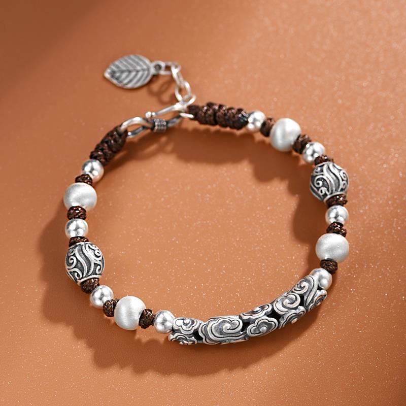 Pulsera de cadena de riqueza de nube auspiciosa de plata de ley 999 de cobre hecha a mano con Buddha Stones del Tíbet