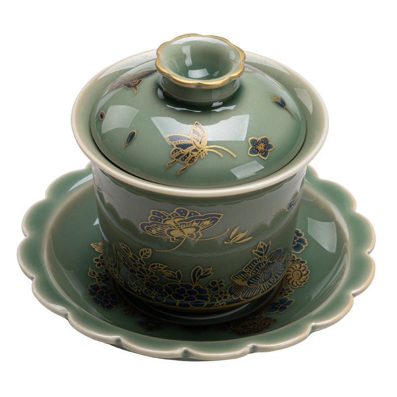 Buddha Stones de porcelana verde, mariposa, flor, salmón, pescado, cerámica, Gaiwan Sancai, taza de té de Kung Fu y platillo con tapa