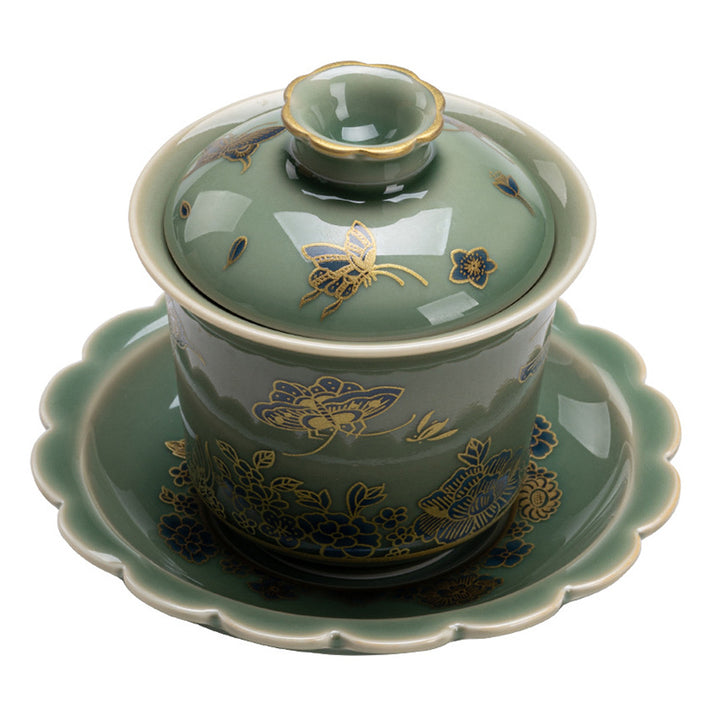 Buddha Stones de porcelana verde, mariposa, flor, salmón, pescado, cerámica, Gaiwan Sancai, taza de té de Kung Fu y platillo con tapa
