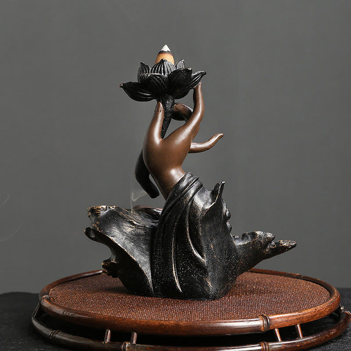 Quemador de incienso de reflujo de resina para meditación, diseño de nubes propicias, mano de Buda de loto, Buddha Stones