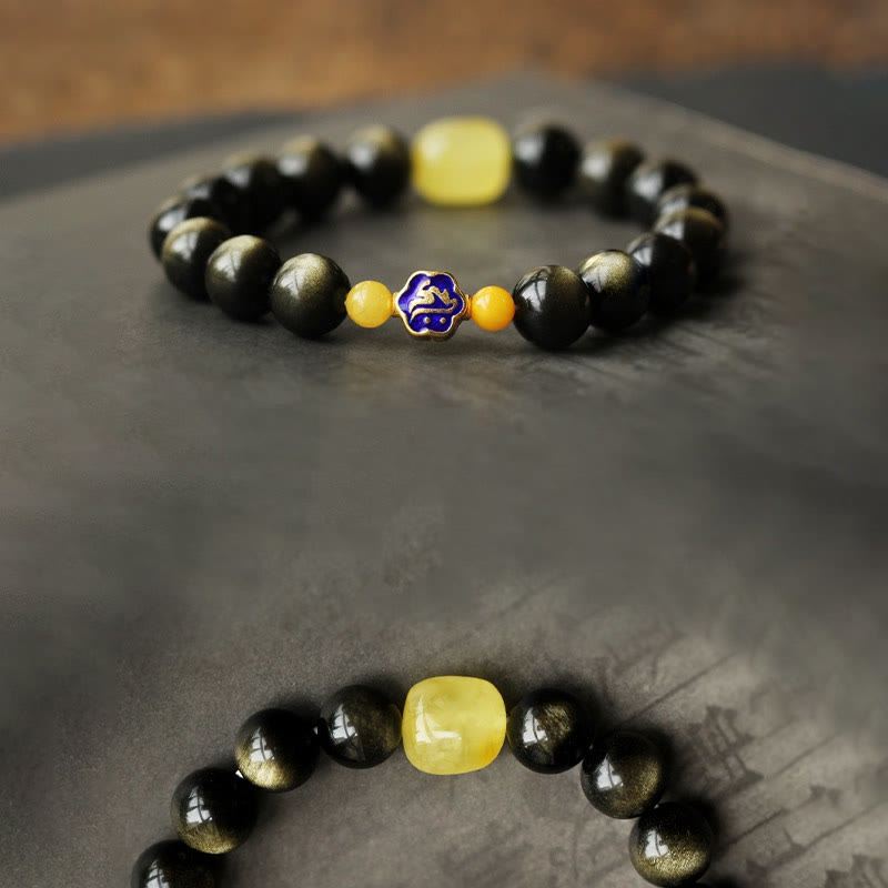 Pulsera de protección de la riqueza, Plata de Ley 925 con Buddha Stones , zodíaco chino, Buda natal, brillo de oro Natural, obsidiana, ámbar