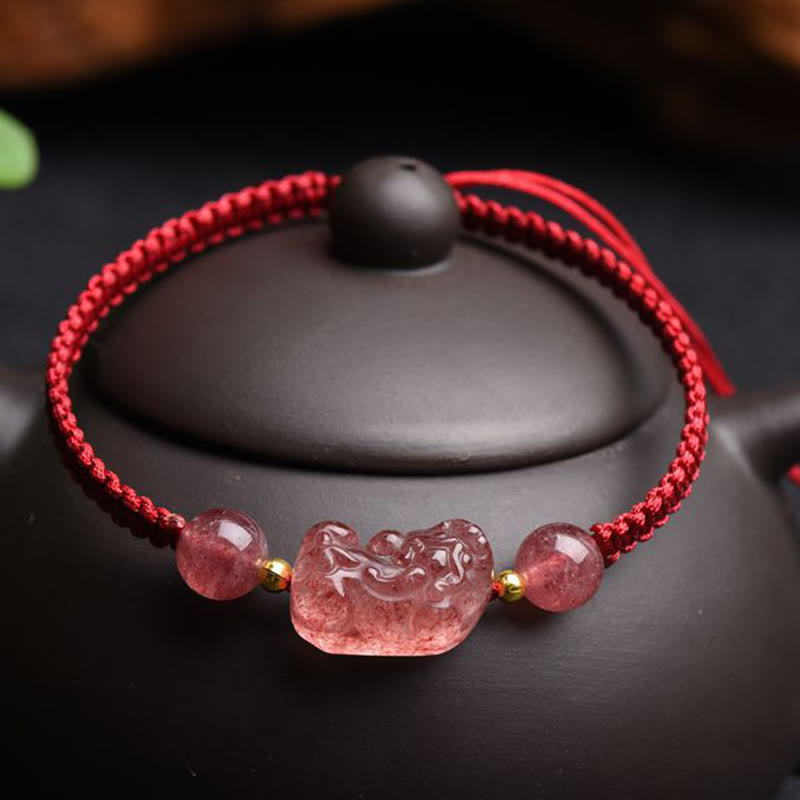 Pulsera de hilo rojo de la suerte PiXiu de cuarzo fresa Natural con Buddha Stones